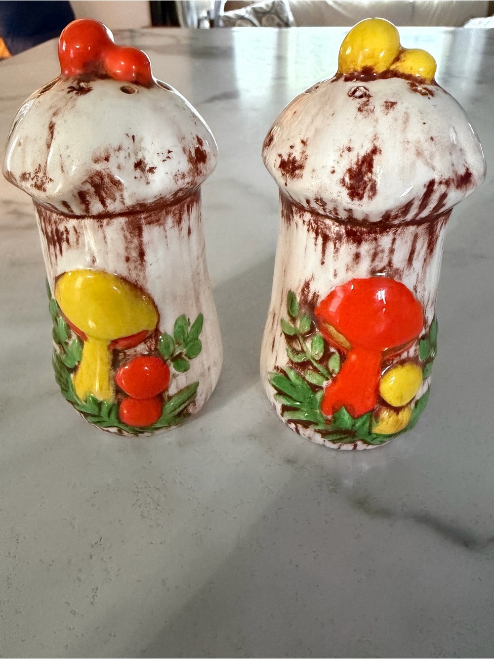 Vintage Sears Merry Mushroom Salt & Pepper Shakers - Yellow, Red, Green Accents